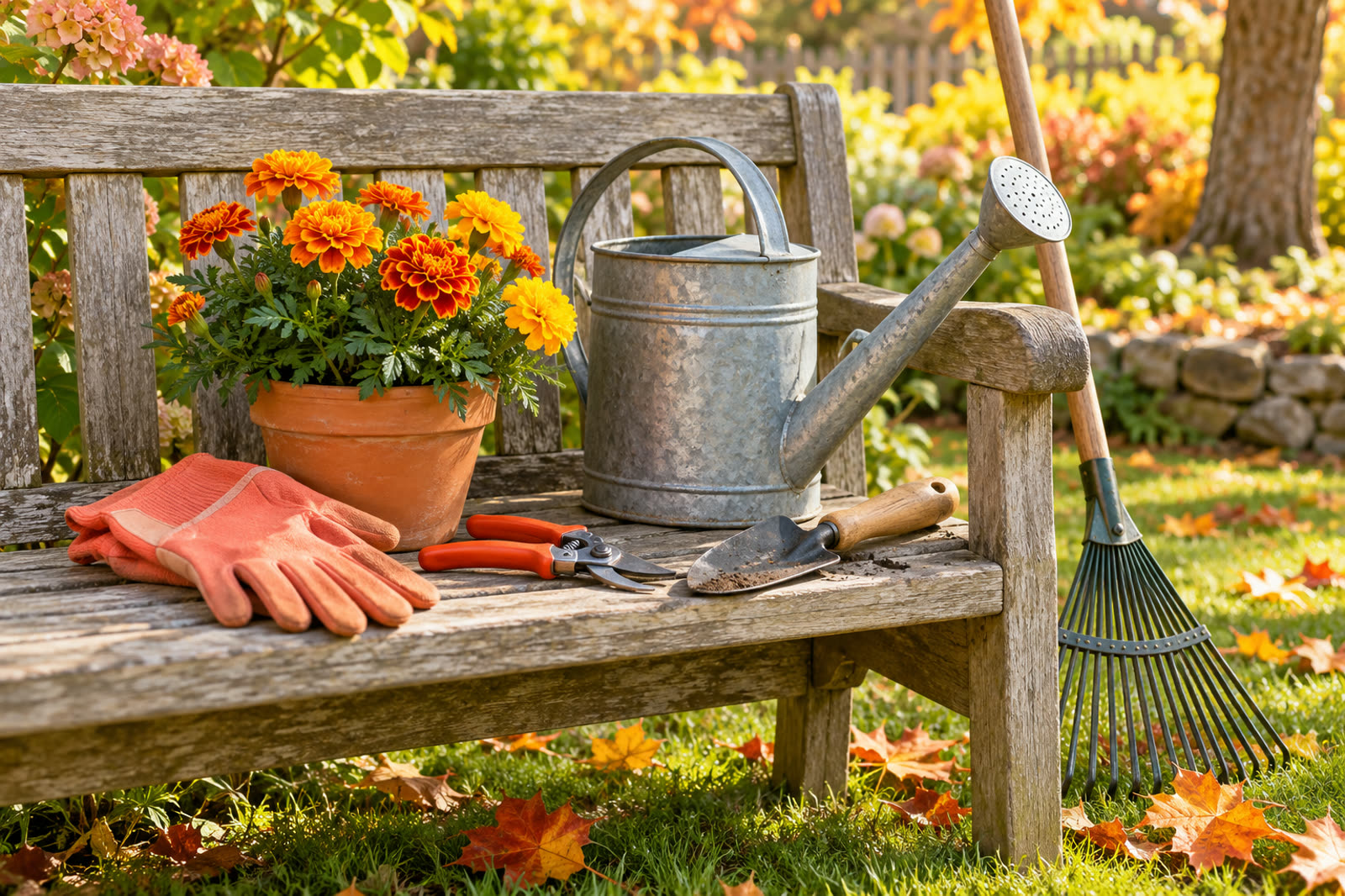 Wooden garden bench in an autumn backyard holding pruning shears, a hand trowel, coral gardening gloves, a watering can and a pot of marigolds