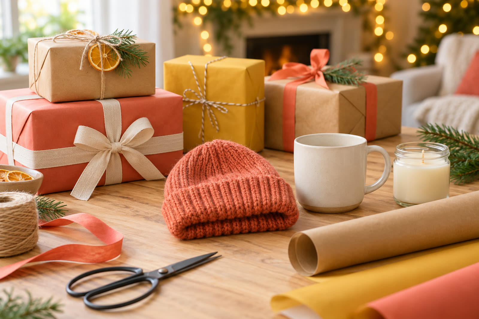 Presents wrapped in kraft, coral and mustard paper with twine on a wooden table beside a mug, a candle and a knit beanie