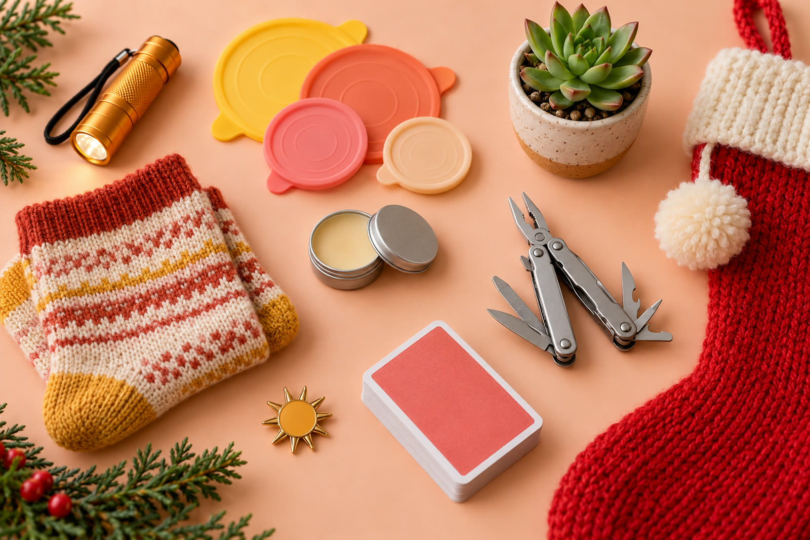 Flat-lay of small gifts on a peach background including a mini flashlight, silicone lids, wool socks, a lip balm tin, a multi-tool, playing cards, a succulent and a red knit stocking