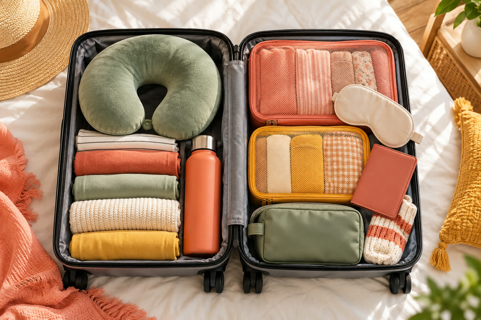 Open carry-on suitcase on a bright bed packed with a sage travel pillow, coral and yellow packing cubes, a sleep mask, a water bottle and rolled clothes